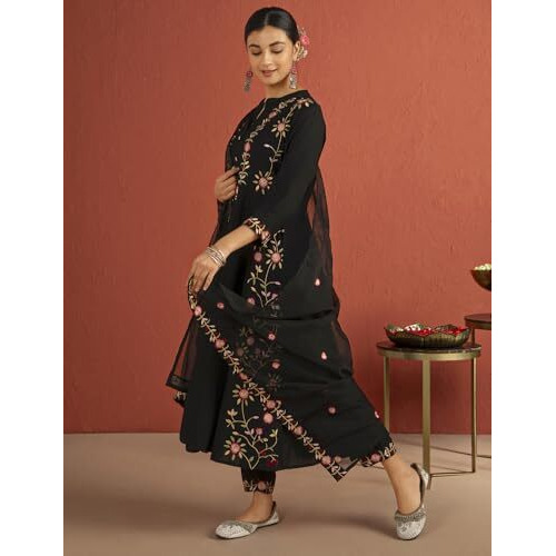 Kaari Rayon Staple 3 PCS Women Kurta Set (KAAAW24WSKD-82025_Kohl Black_XL)
