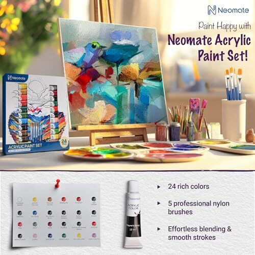 Neomate Acrylic Color Paint Set|24 x 12ml Aluminum Tubes|Vibrant Acrylic Colors for Artists & Hobbyists|Ideal for Painting on Canvas, Paper, Wood, Multicolor