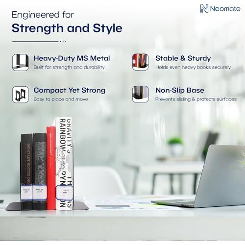 Neomate Metal Bookends for Office & Home | Heavy-Duty Book Support | Black