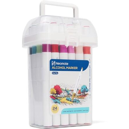 Neomate 24 Pcs Dual-Tip Alcohol Markers Set | Non-Toxic Art Supplies for Kids & Adults | Chisel and Fine Tips for Drawing & Sketching | Includes Carry Case for Easy Storage | Ideal for Coloring Books