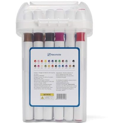 Neomate 24 Pcs Dual-Tip Alcohol Markers Set | Non-Toxic Art Supplies for Kids & Adults | Chisel and Fine Tips for Drawing & Sketching | Includes Carry Case for Easy Storage | Ideal for Coloring Books