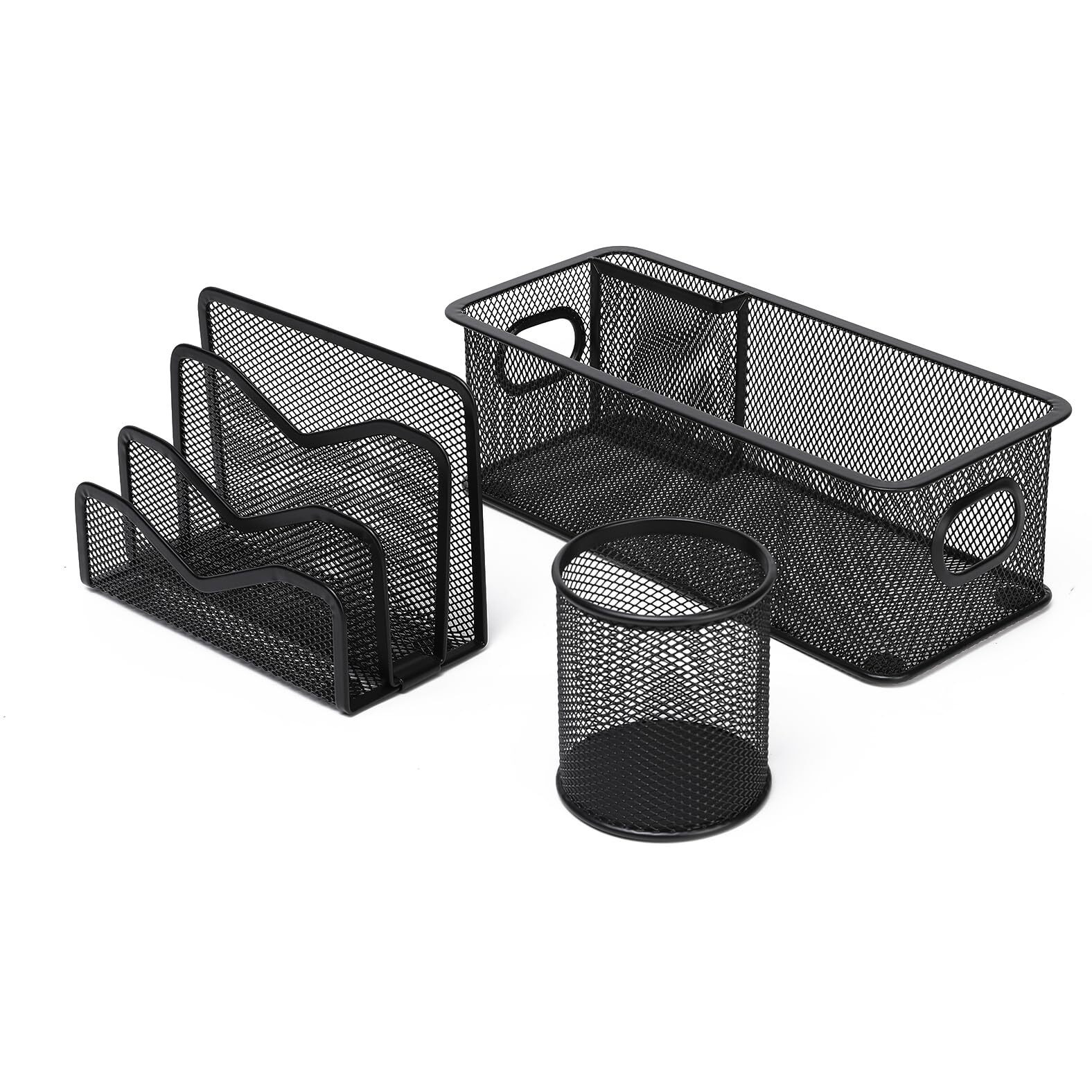 Neomate 3-Piece Metal Mesh Desk Organizer Set | Includes Letter/Document Holder, Pen Holder, and Multi-Purpose Storage Tray | Durable Stationery Storage for Home & Office | Black