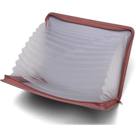 Neomate 13-Pocket Expanding File Folder with Sticky Labels | A4/Letter Size Accordion Organizer with Zipper Closure | Certificate and Document Storage for Home, School, Office (Brown)