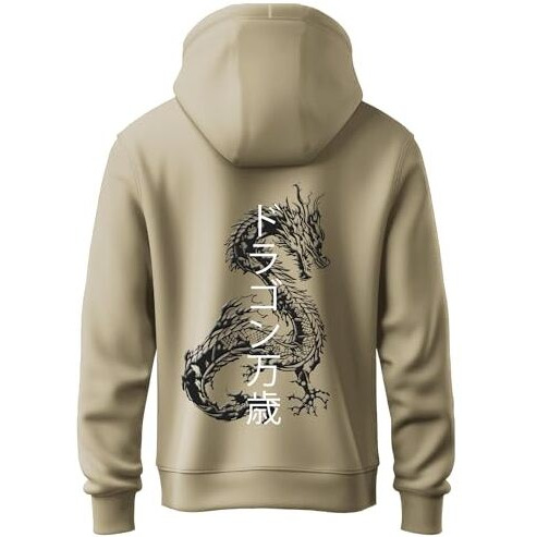 ADRO Mens Hoodies with Hail The Dragon Puff Backside Printed, 100% Cotton 340GSM. (H23-M-DRA-BE_Beige_S)