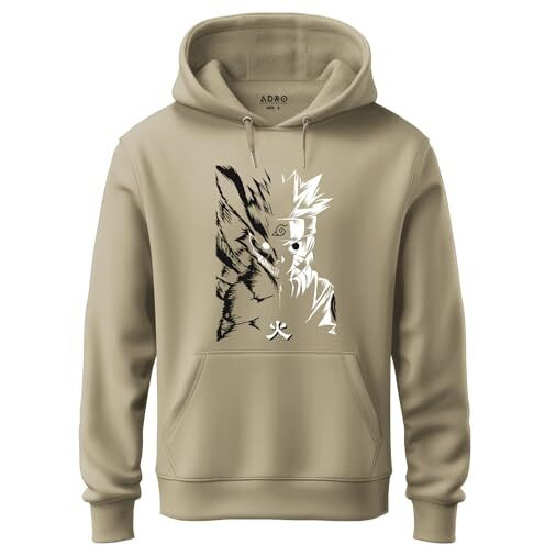 ADRO Mens Hoodies with Naruto Uzumaki Anime Printed, 100% Cotton 340GSM Warm & Soft Fabric. (H23-M-NRR-BE_Beige_L)