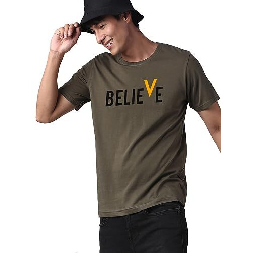 ADRO Men's Believe Design Printed T-Shirt (L, Olive Green)