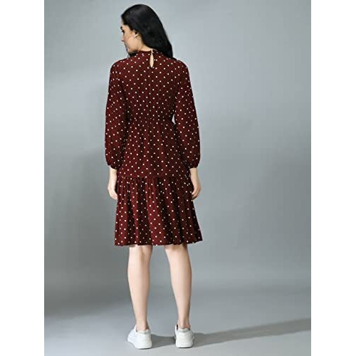 Leriya Fashion Women's Summer Slub Rayon Wrap Maxi Dress Casual Dote Printed High Neck Full Sleeve Ruffle Hem Split Beach Long Dress (LF-WD-1001-XL) Maroon
