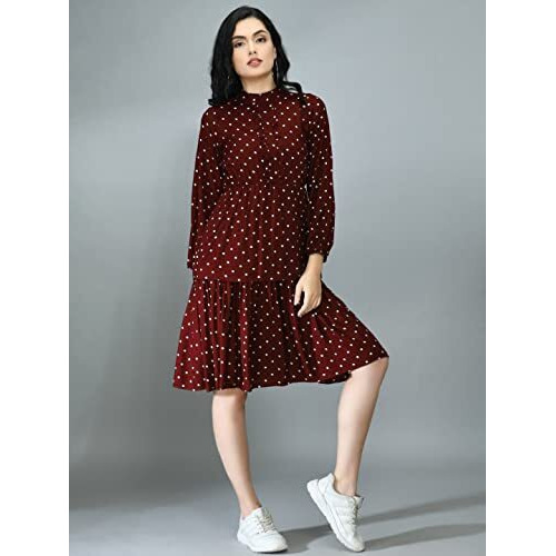 Leriya Fashion Women's Summer Slub Rayon Wrap Maxi Dress Casual Dote Printed High Neck Full Sleeve Ruffle Hem Split Beach Long Dress (LF-WD-1001-XL) Maroon