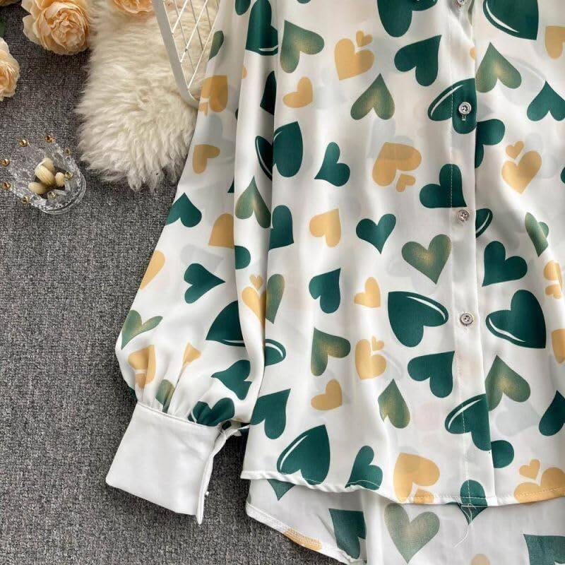 Leriya Fashion Women's Button Down Regular Fit Drop Shoulder Shirts || Casual Long Sleeve for Women Tops Western Dresses Heart Printed (Small, Green)