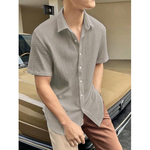 Leriya Fashion Textured Shirts for Men | Casual Regular Fit Shirt for Men | Shirt for Men| Men Stylish Shirt | Men Fancy Shirt | Men Half Sleeve Shirt | Plain Shirts for Men (Medium, Beige)