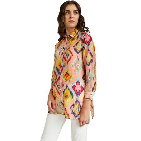Leriya Fashion Women's Rayon Ikat Printed Casual Shirt Tops for Women Long Cuff Sleeves Collared Neck Button Down Tunic for Outing Travel Holiday Party Office Wear Shirts (X-Large, Peach)