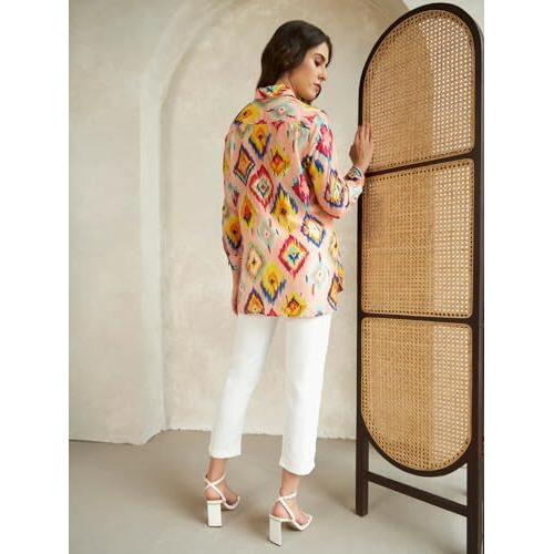 Leriya Fashion Women's Rayon Ikat Printed Casual Shirt Tops for Women Long Cuff Sleeves Collared Neck Button Down Tunic for Outing Travel Holiday Party Office Wear Shirts (X-Large, Peach)