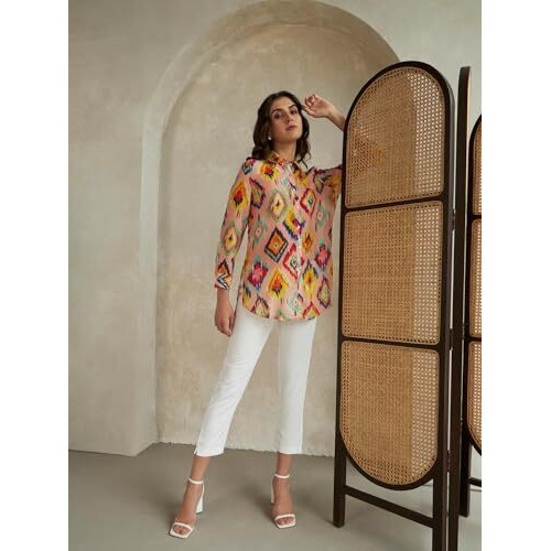Leriya Fashion Women's Rayon Ikat Printed Casual Shirt Tops for Women Long Cuff Sleeves Collared Neck Button Down Tunic for Outing Travel Holiday Party Office Wear Shirts (X-Large, Peach)