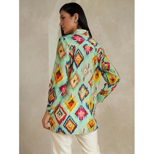 Leriya Fashion Women's Rayon Ikat Printed Casual Shirt Tops for Women Long Cuff Sleeves Collared Neck Button Down Tunic for Outing Travel Holiday Party Office Wear Shirts (Small, Aqua Green)