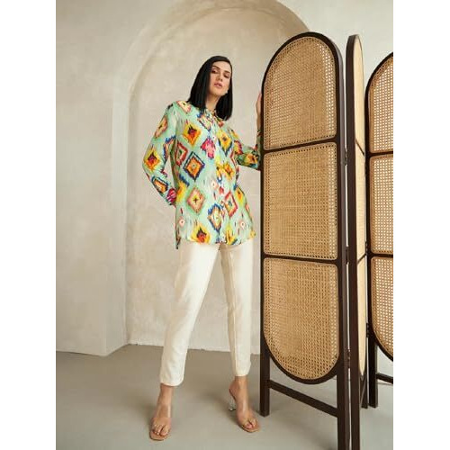 Leriya Fashion Women's Rayon Ikat Printed Casual Shirt Tops for Women Long Cuff Sleeves Collared Neck Button Down Tunic for Outing Travel Holiday Party Office Wear Shirts (Small, Aqua Green)