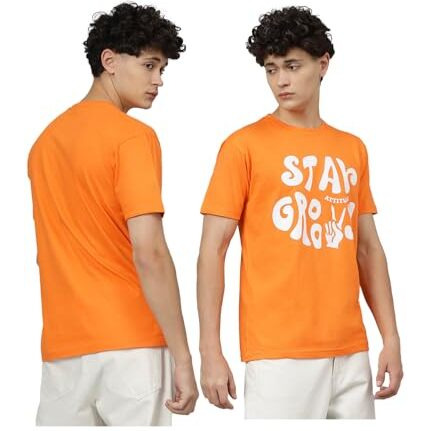 LookMark Men's Printed Pure Cotton Oversized Round Neck Longline Drop Shoulder Short Sleeve Tshirt (AZ-LM-P1-MT25 Orange-XXL)