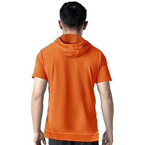 EYEBOGLER Men's Trendy Hooded Neck Half Sleeves Loose Fit Solid T-Shirt Orange