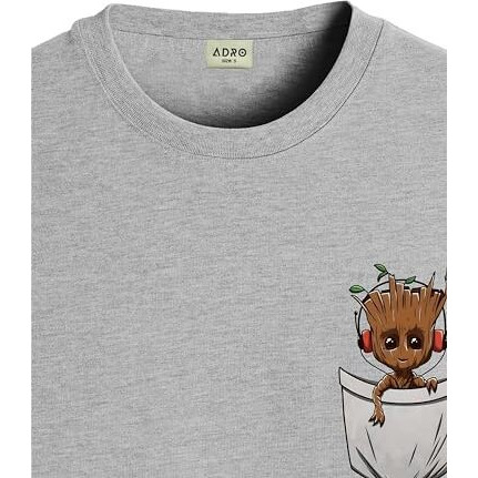 ADRO Tshirt for Men | Anime T Shirt for Men | 100% Cotton Tshirt | Graphic Printed T-Shirt | Chest Printed Tshirt | Groot Anime Tshirt | T-Shirts| RN24-STICK-PCGRO-GR-S Grey