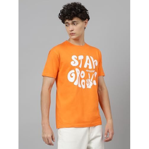 LookMark Men's Printed Pure Cotton Oversized Round Neck Longline Drop Shoulder Short Sleeve Tshirt (AZ-LM-P1-MT25 Orange-S)