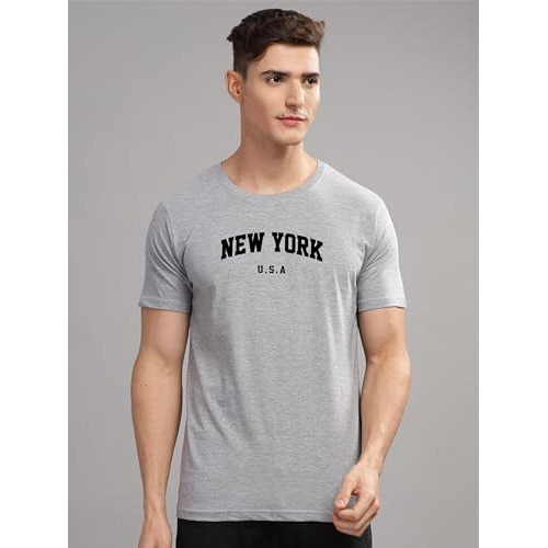 ADRO Mens New York Printed Tshirt for Men - Premium Cotton T Shirt for Men - Urban Stylish T-Shirt in Regular Fit Grey T-Shirt |RN24-NEW-GR-L