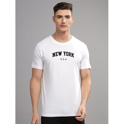 ADRO Mens New York Printed Tshirt for Men - Premium Cotton T Shirt for Men - Urban Stylish T-Shirt in Regular Fit White T-Shirt |RN24-NEW-WH-M