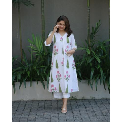 GoSriKi Women's Rayon Viscose A-Line Printed Kurta with Pant (PNIL White-GS_L_White_Large)
