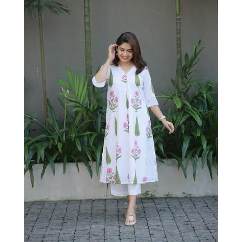 GoSriKi Women's Rayon Viscose A-Line Printed Kurta with Pant (PNIL White-GS_L_White_Large)