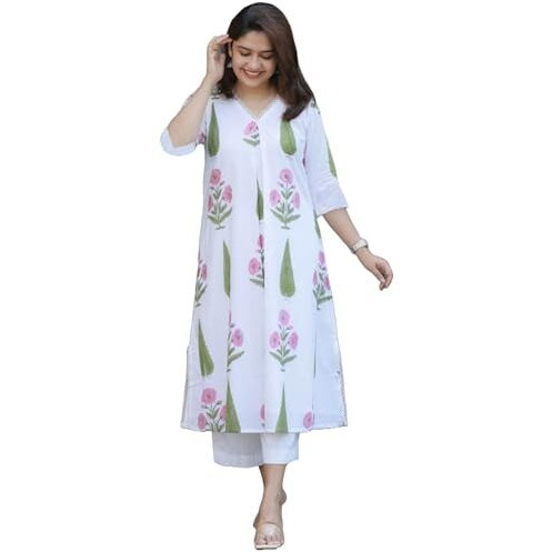 GoSriKi Women's Rayon Viscose A-Line Printed Kurta with Pant (PNIL White-GS_XXL_White_XX-Large)