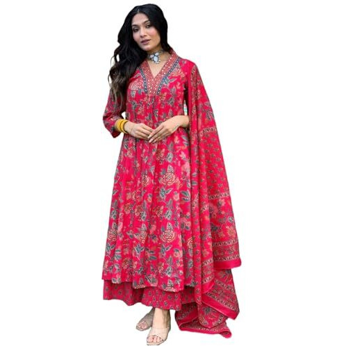 GoSriKi Women's Rayon Viscose Anarkali Printed Kurta with Palazzo & Dupatta (CIA Pink-GS_XXL_Pink_XX-Large)