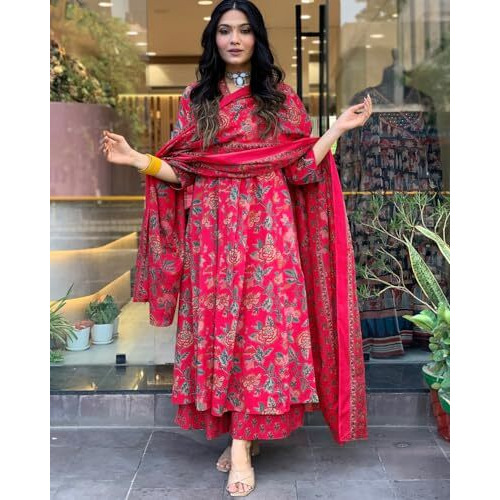 GoSriKi Women's Rayon Viscose Anarkali Printed Kurta with Palazzo & Dupatta (CIA Pink-GS_XXL_Pink_XX-Large)