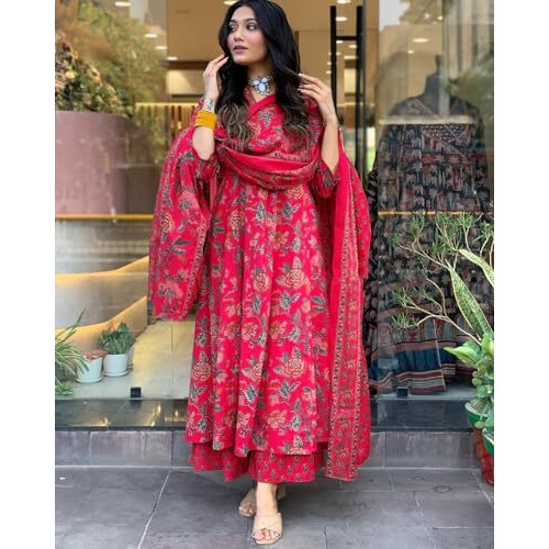 GoSriKi Women's Rayon Viscose Anarkali Printed Kurta with Palazzo & Dupatta (CIA Pink-GS_XXL_Pink_XX-Large)
