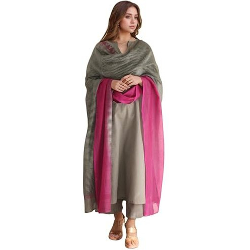 GoSriKi Women's Rayon Viscose Solid Straight Kurta with Pant & Dupatta (MOGUL GREY-GS_L_Grey_Large)