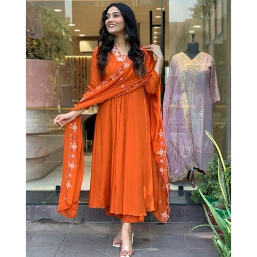GoSriKi Women's Rayon Blend Anarkali Thread Work Kurta with Pant & Dupatta (ASHVTHAMA ORANGE-GS_M_Orange_Medium)