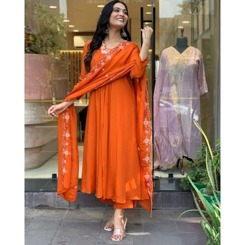 GoSriKi Women's Rayon Blend Anarkali Thread Work Kurta with Pant & Dupatta (ASHVTHAMA ORANGE-GS_M_Orange_Medium)