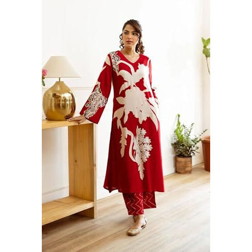 GoSriKi Women's Rayon Viscose Straight Printed Kurta with Palazzo (Cukari Red-VKS03-GS_XL_Red_X-Large)