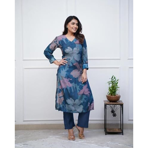 GoSriKi Women's Rayon Blend Straight Printed Kurta with Pant (KITIMAT Cerosin-GS_XL_Blue_X-Large)