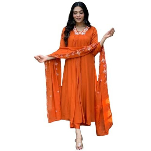 GoSriKi Women's Rayon Blend Anarkali Thread Work Kurta with Pant & Dupatta (ASHVTHAMA ORANGE-GS_L_Orange_Large)
