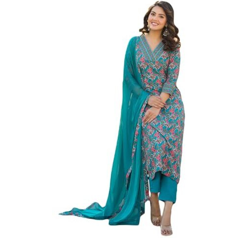 GoSriKi Women's Rayon Blend Printed Straight Kurta with Pant & Dupatta (Shaniya Green-NJW-GS_L_Green_Large)