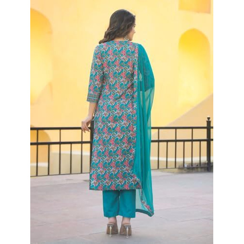 GoSriKi Women's Rayon Blend Printed Straight Kurta with Pant & Dupatta (Shaniya Green-NJW-GS_L_Green_Large)