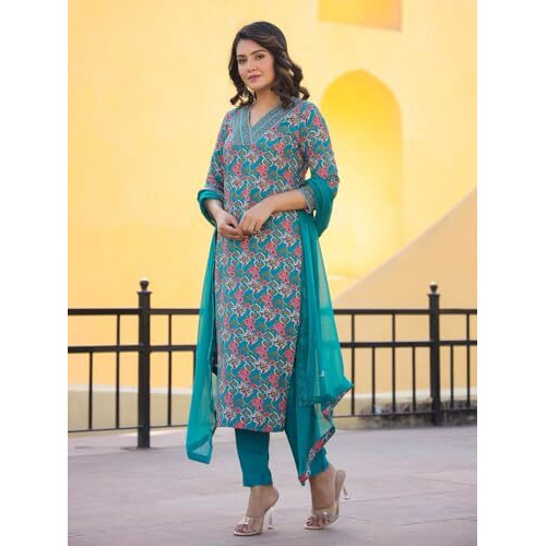 GoSriKi Women's Rayon Blend Printed Straight Kurta with Pant & Dupatta (Shaniya Green-NJW-GS_L_Green_Large)