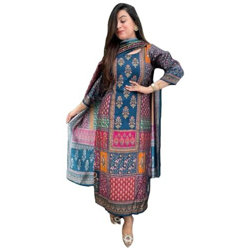 GoSriKi Women's Silk Blend Printed Straight Kurta with Pant & Dupatta (Sula Multi-GS_M_Multicolor_Medium)