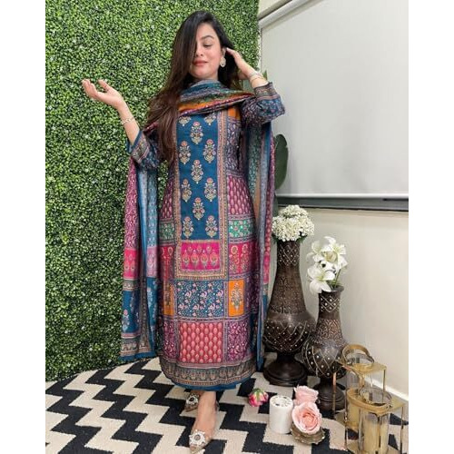 GoSriKi Women's Silk Blend Printed Straight Kurta with Pant & Dupatta (Sula Multi-GS_M_Multicolor_Medium)