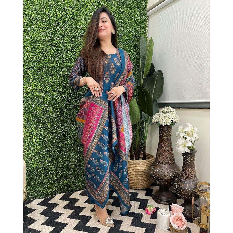 GoSriKi Women's Silk Blend Printed Straight Kurta with Pant & Dupatta (Sula Multi-GS_M_Multicolor_Medium)