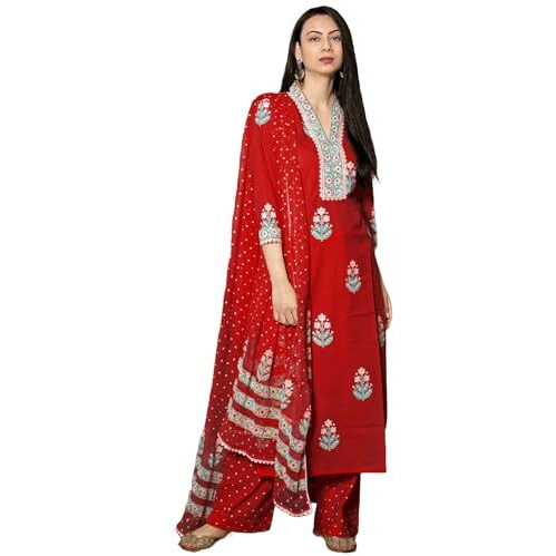 GoSriKi Women's Rayon Viscose Printed Straight Kurta with Pant & Dupatta (Belagavi Red-GS_XXL_Red_XX-Large)