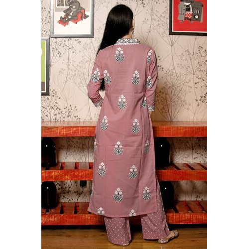 GoSriKi Women's Rayon Viscose Printed Straight Kurta with Pant & Dupatta (Belagavi Purple-GS_M_Purple_Medium)