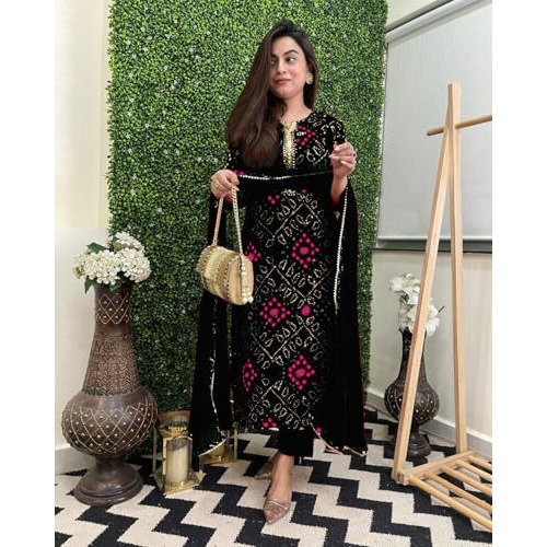 GoSriKi Women's Rayon Blend Straight Bandhej Printed Kurta with Pant & Dupatta (Turae Black-GS_XL_Black_X-Large)