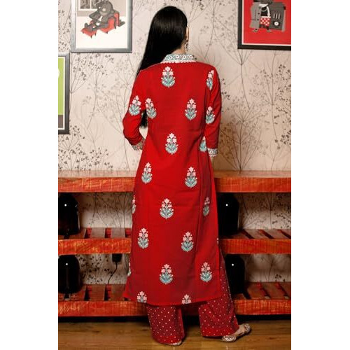 GoSriKi Women's Rayon Viscose Printed Straight Kurta with Pant & Dupatta (Belagavi Red-GS_XL_Red_X-Large)