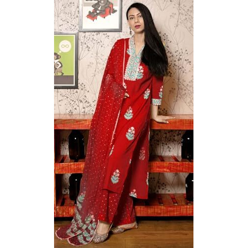GoSriKi Women's Rayon Viscose Printed Straight Kurta with Pant & Dupatta (Belagavi Red-GS_XL_Red_X-Large)