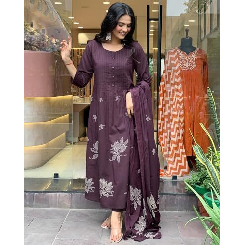GoSriKi Women's Rayon Blend Anarkali Printed Kurta with Pant & Dupatta (Gangori Wine-GS_3XL_Wine_XXX-Large)