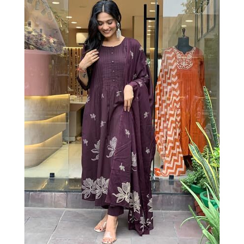 GoSriKi Women's Rayon Blend Anarkali Printed Kurta with Pant & Dupatta (Gangori Wine-GS_3XL_Wine_XXX-Large)